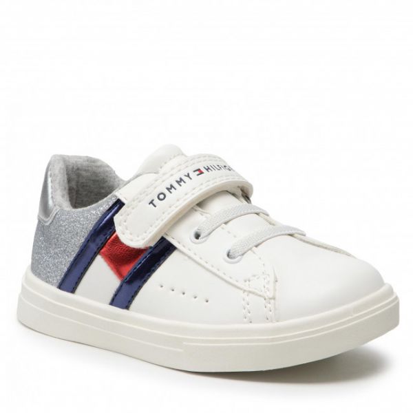 Sneakers TOMMY HILFIGER - Low Cut Lace-Up Velcro Sneaker T1A4-32127-1358 S White/Silver X025 Sneakers TOMMY HILFIGER - Low Cut Lace-Up Velcro Sneaker T1A4-32127-1358 S White/Silver X025