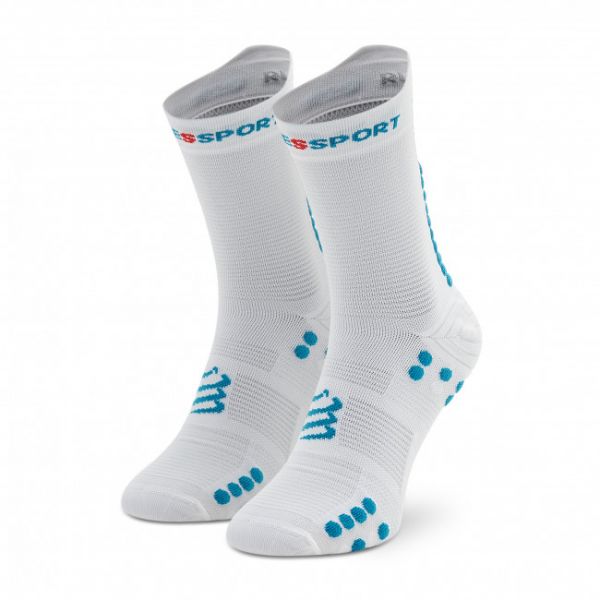 Calzini lunghi unisex COMPRESSPORT - Pro Racing V4.0 Run High XU00046B White/Fjord Blue 011